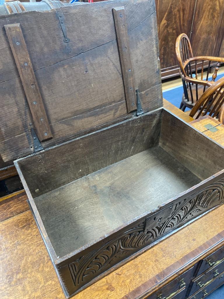 A late 17th century oak bible box, length 65cm, depth 41cm, height 22cm